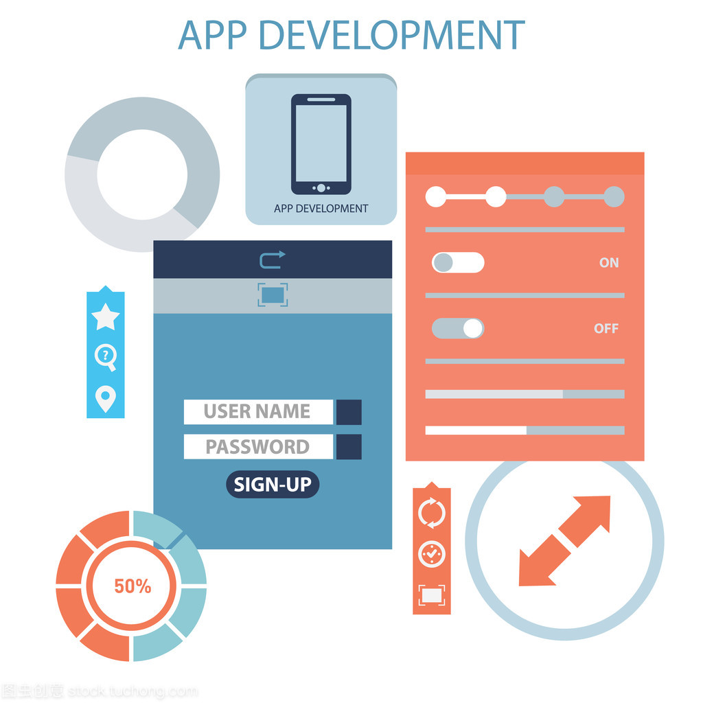 随着智能手机、 工具、 编程代码在蓝色背景上的应用程序开发的平面设计概念